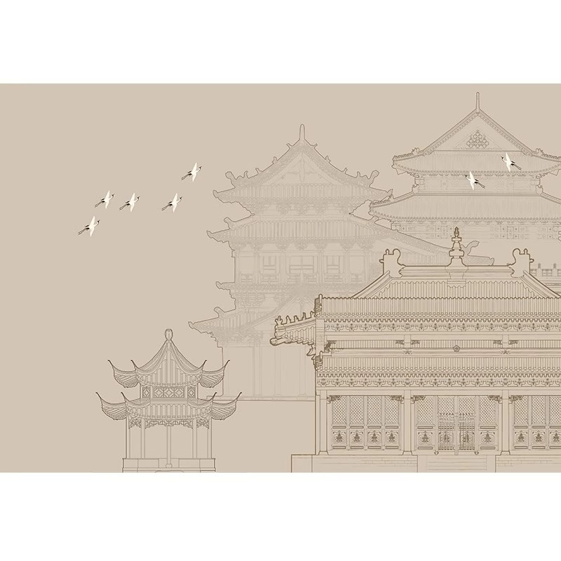 现代新中式线描楼阁雅致意境风客厅沙发背景墙纸茶室刺绣墙布壁纸