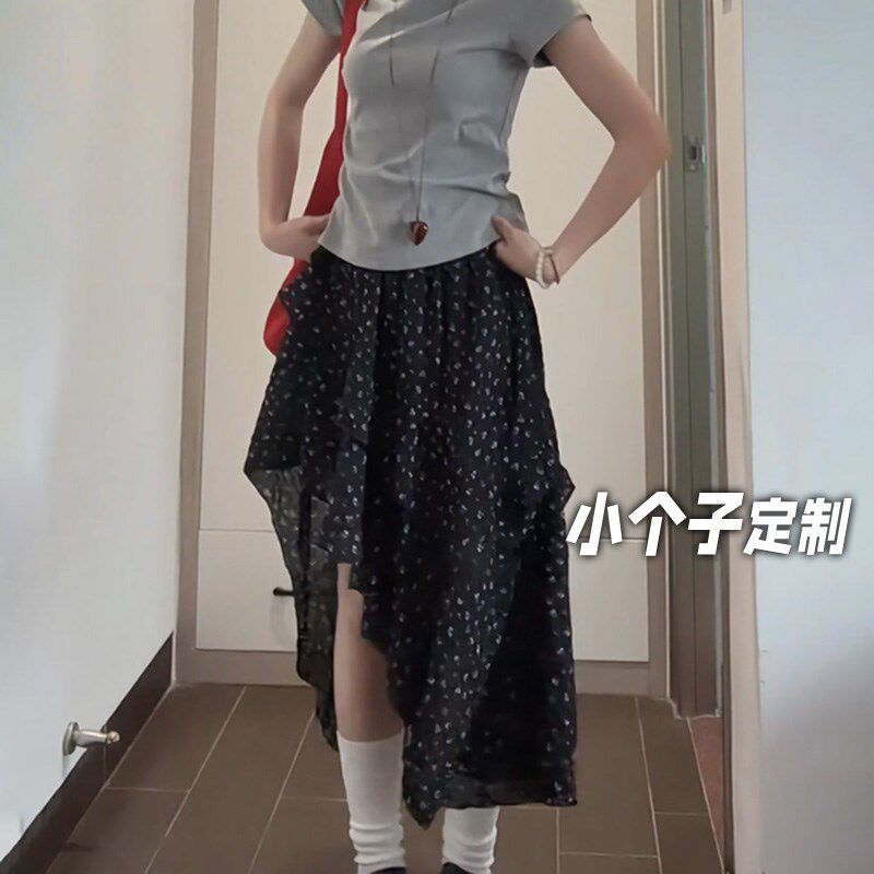 150小矮个子法式荷叶边半身裙女夏季高腰中长款不规则复古碎花裙