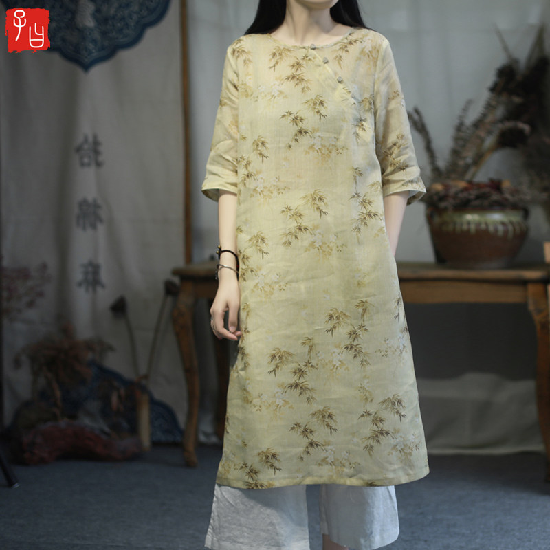 中式改良旗袍禅意茶服2021春季文艺清透苎麻竹叶印花中长款连衣裙