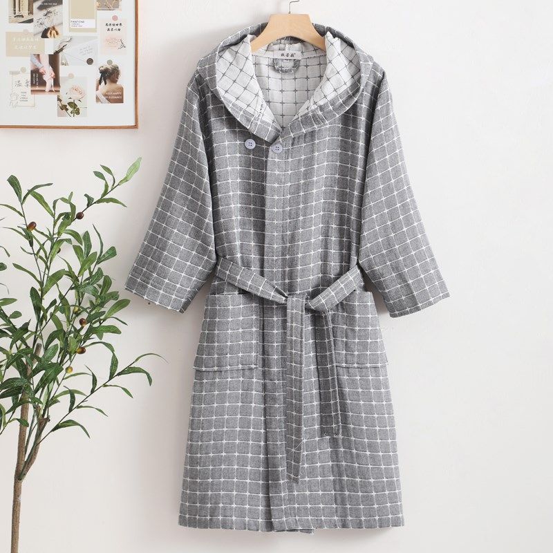 成人带帽纯棉纱布浴袍三层春夏男女情侣柔软吸水薄款浴衣睡衣睡袍