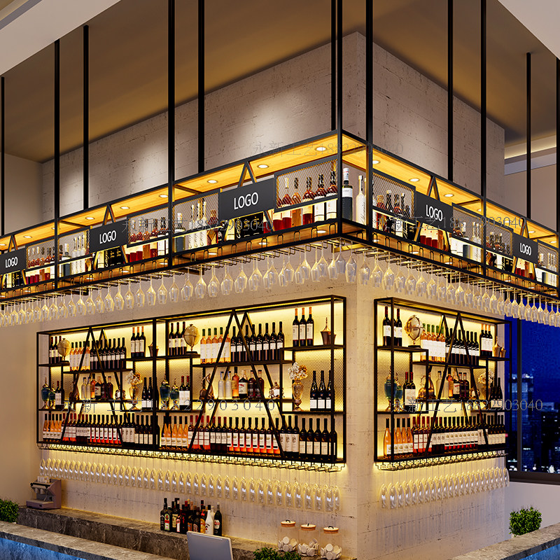 吧台酒架置物f架吊架吊柜倒挂悬挂式铁艺红酒架餐厅酒吧工业风酒