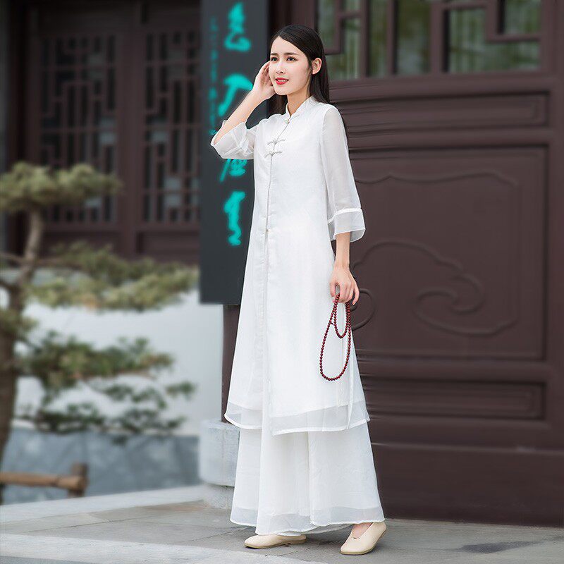 禅意茶服女秋冬复古汉服女套装中国风民族改良版旗袍两件套连衣裙