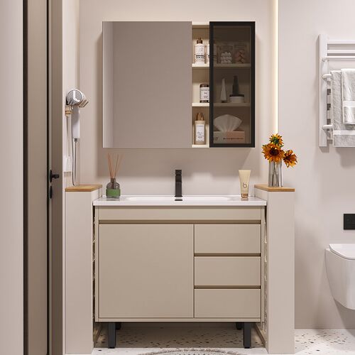 奶油风落地式实木非标陶瓷一体盆定制洗脸手洗漱台盆池浴室柜组合