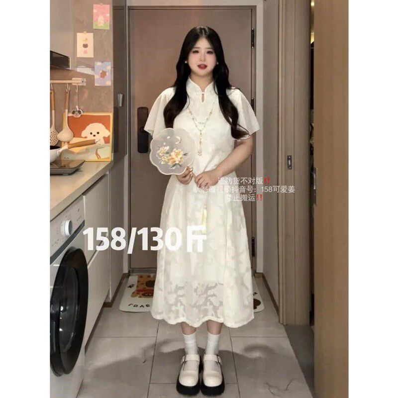 胖mm甜美感新中式改良版旗袍收腰碎花连衣裙国风长裙
