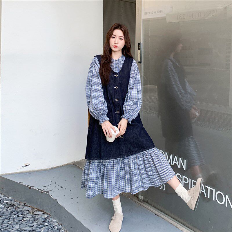 蓝色法式格纹长袖连衣裙套装女2026春季松弛感牛仔背心长裙两件套
