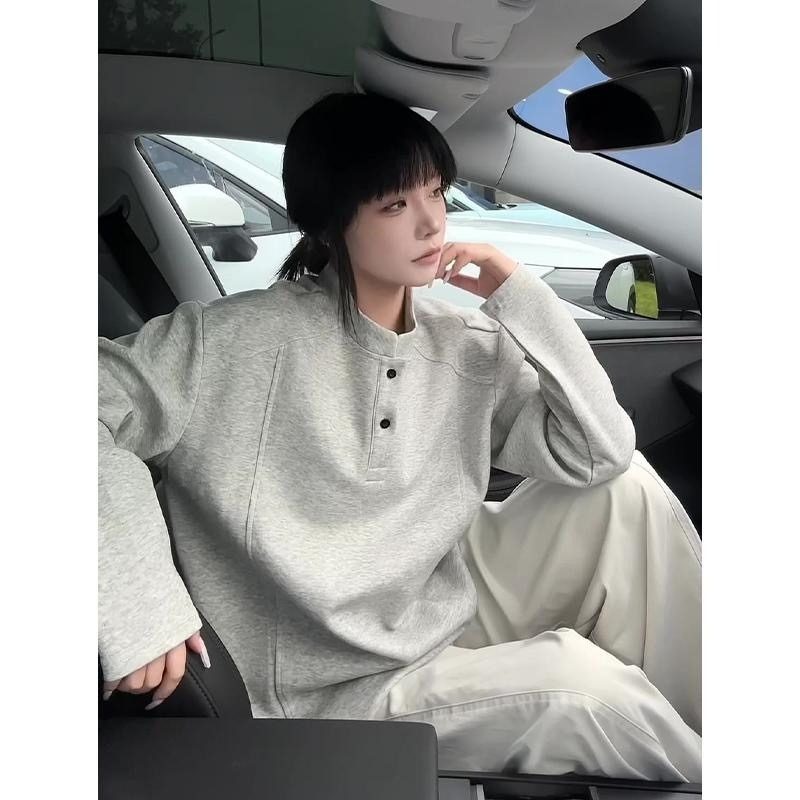 黑色美式亨利领卫衣男款秋冬季解构polo衫长袖t恤正肩内搭打底衫