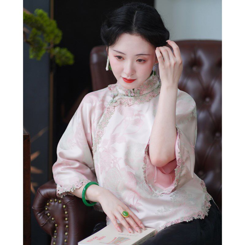 桃花香新中式国风复古文艺倒大袖上衣套装女旗袍年轻款高端气质
