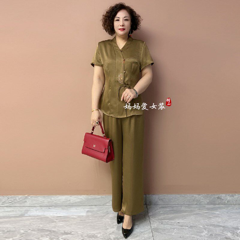 国风夏季短袖真丝旗袍衬衫时尚中年妈妈上衣+阔腿裤大码两件套装