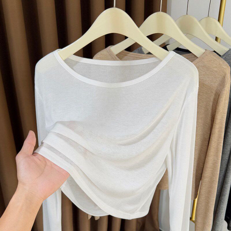 短款针织打底衫女2025新款大圆领t恤薄款宽松冰丝防晒微透罩衫女