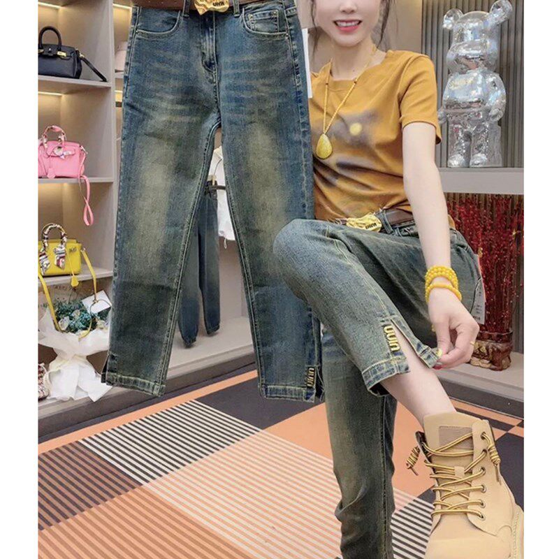 大码高腰弹力开叉九分牛仔裤女秋胖妹妹mm梨型身材显瘦直筒烟管裤