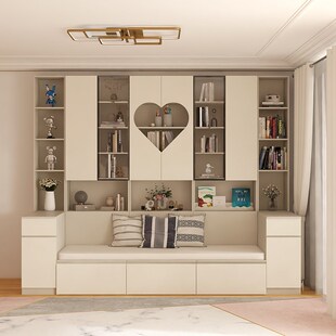 沙发储物柜一体i去客厅化书柜整墙到顶卡座式书架带玻璃门柜子定