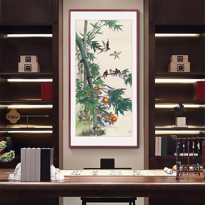 中式入户玄关装饰画走廊过道挂画办公G室国画颜伯龙春柳花鸟图壁