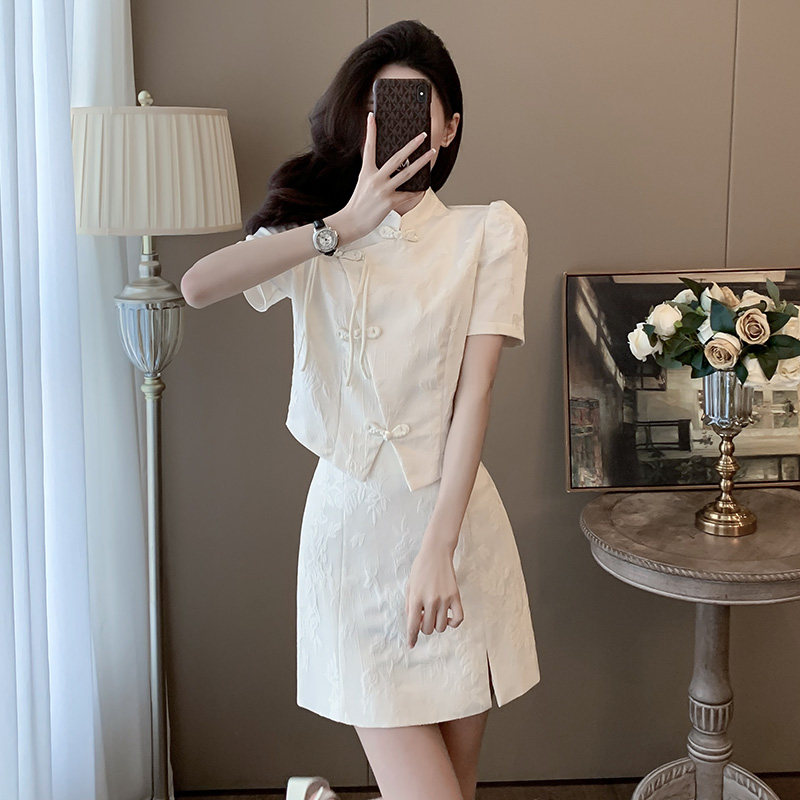 新中式国风提花两件套连衣裙女改良版年轻款少女款小个子开叉旗袍