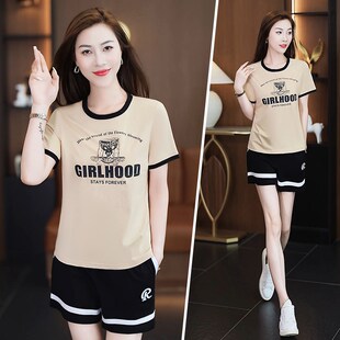 短裤 时尚 运动套装 2025新款 洋气圆领女士纯棉跑步两件套 女夏季 短袖
