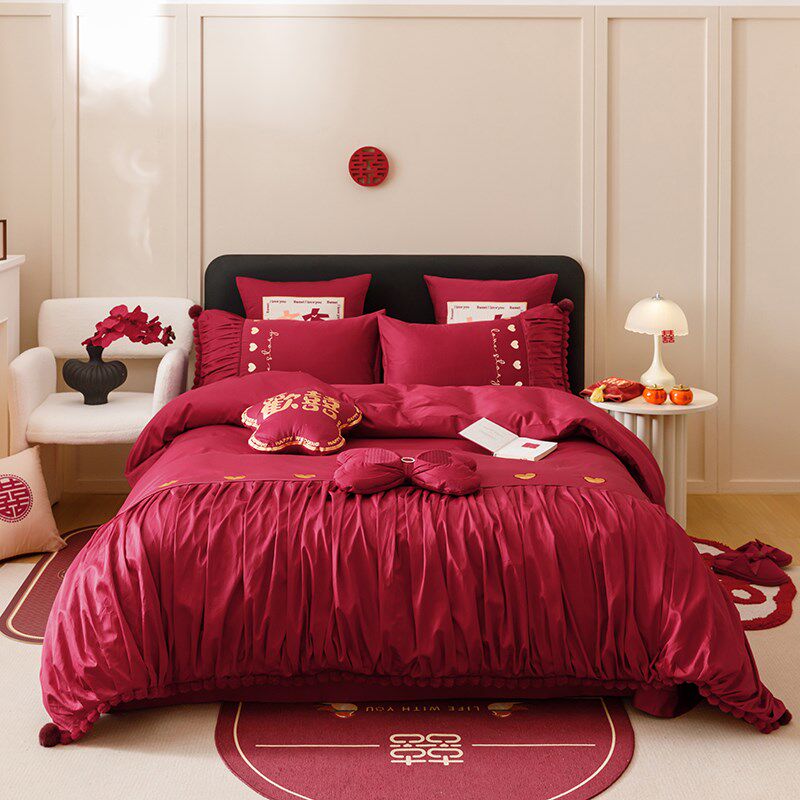 韩式少女心婚庆全棉n四件套结婚床上用品大红色新婚床单喜被套