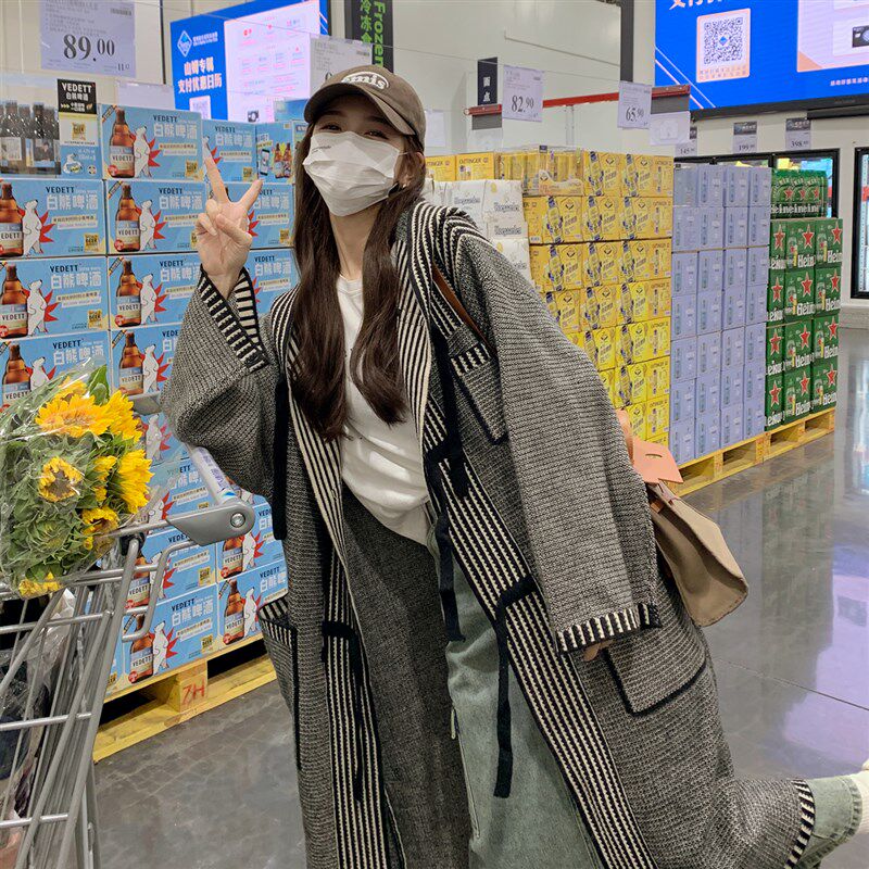 法式复古针织连帽开衫春季女2024新款慵懒风网红洋气休闲长款外套