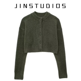 JIN自制秋冬纯色复古单排扣圆领针织开衫 毛衣 显瘦百搭高腰短款