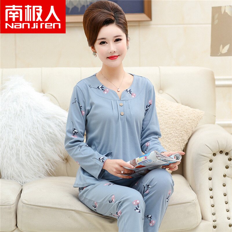 睡衣女春秋季长袖纯棉中老年中年妈妈家居服套头大码婆婆全棉套装