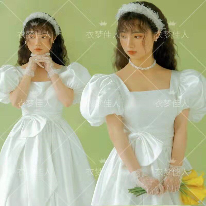 新款影楼主题婚纱礼服轻复古法式少女写真白色简约缎面拍照连衣裙