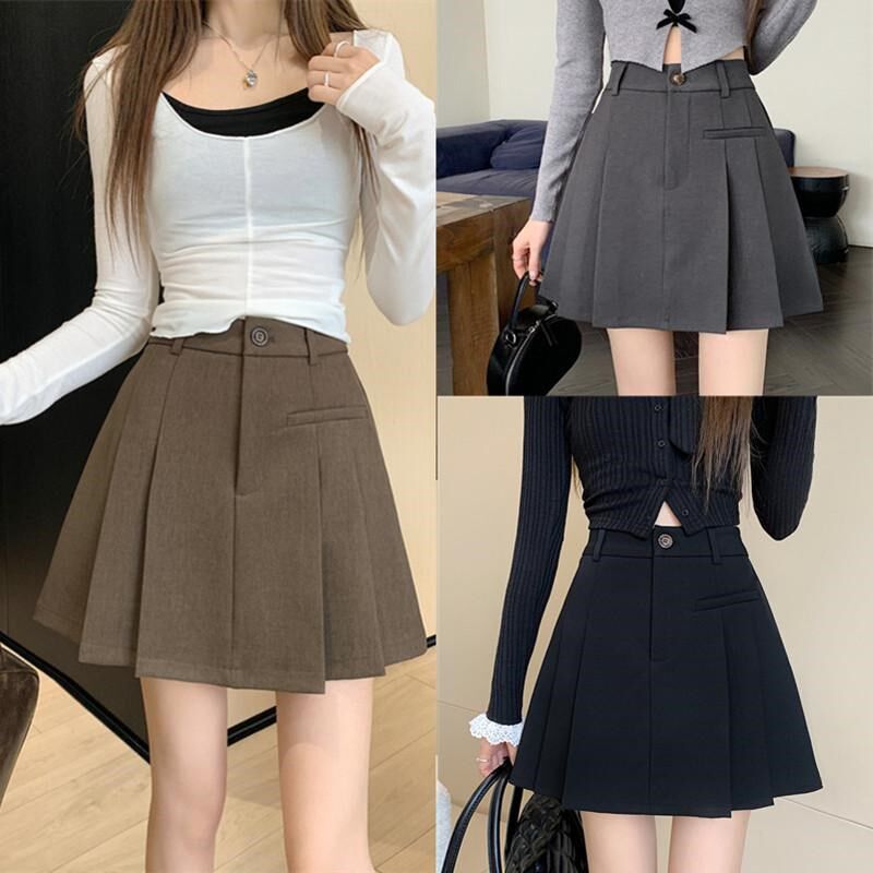 大码高腰灰色西装料百褶裙女春夏防走光a字短裙显瘦学院风半身裙