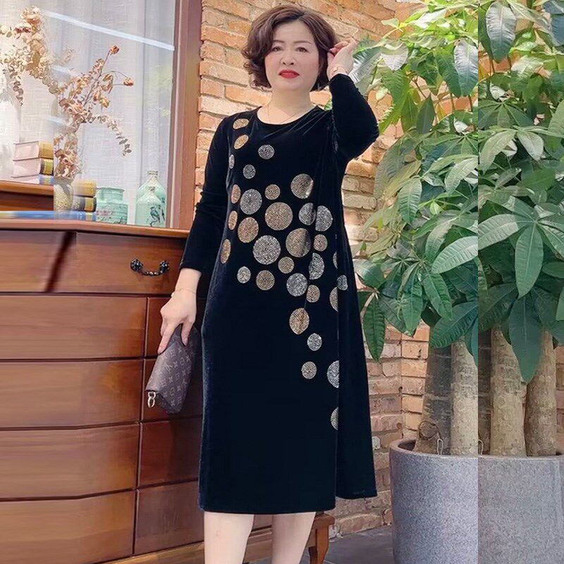 民族风丝绒连衣裙中长款圆领长袖加厚烫钻中老年时尚妈妈打底裙子