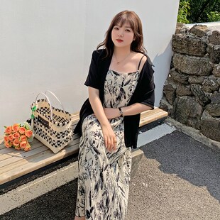 200斤胖mm法式 夏季 女装 大尺码 通勤风气质碎花吊带裙西服两件 新品