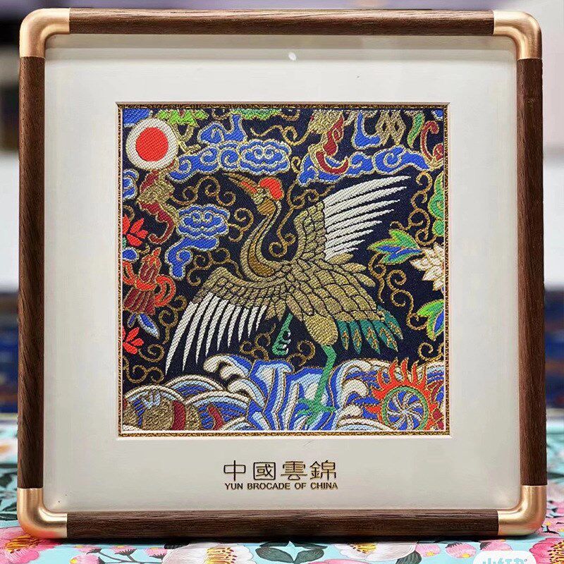 新款非遗云锦h工艺品蛇年实木铜角相框摆件会议礼品新中式挂画