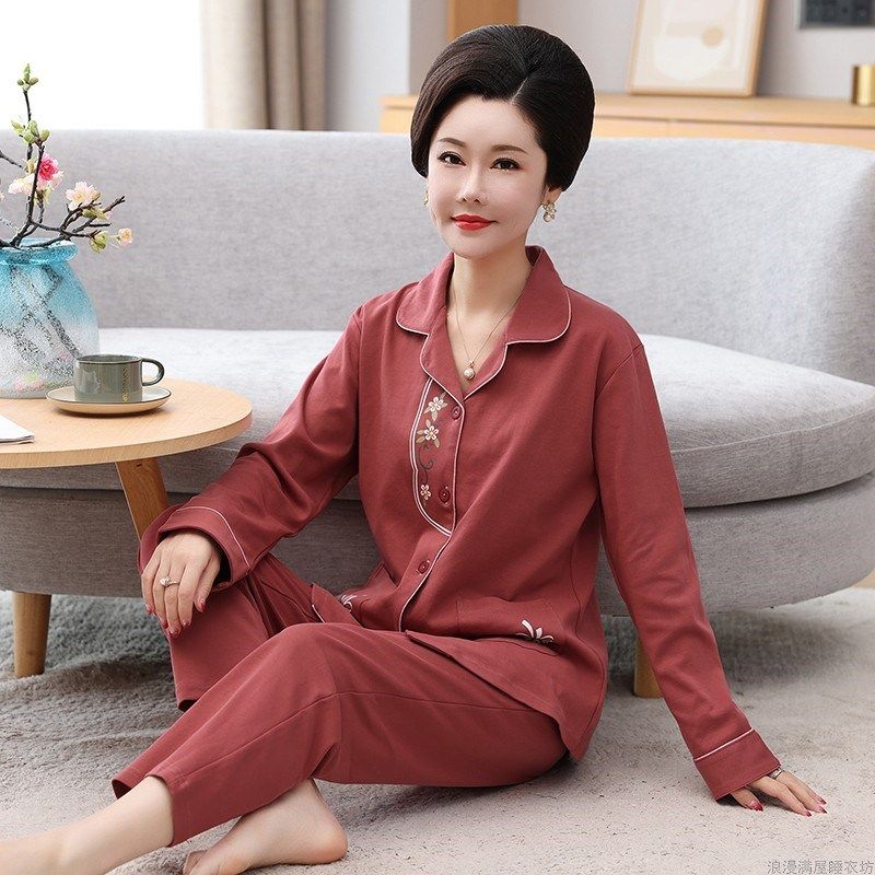 中年妈妈睡衣女春秋季纯棉长袖女款老人可外穿高档大码家居服套装