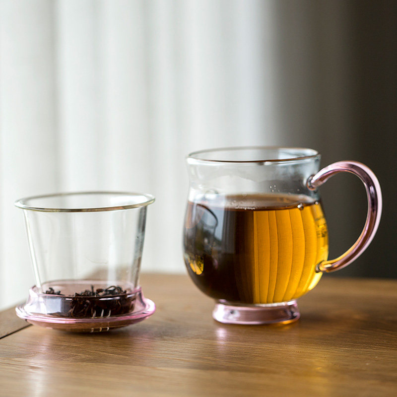 日式绿茶杯玻璃茶杯带把过滤泡茶杯家用透明杯子S办公室加厚花茶