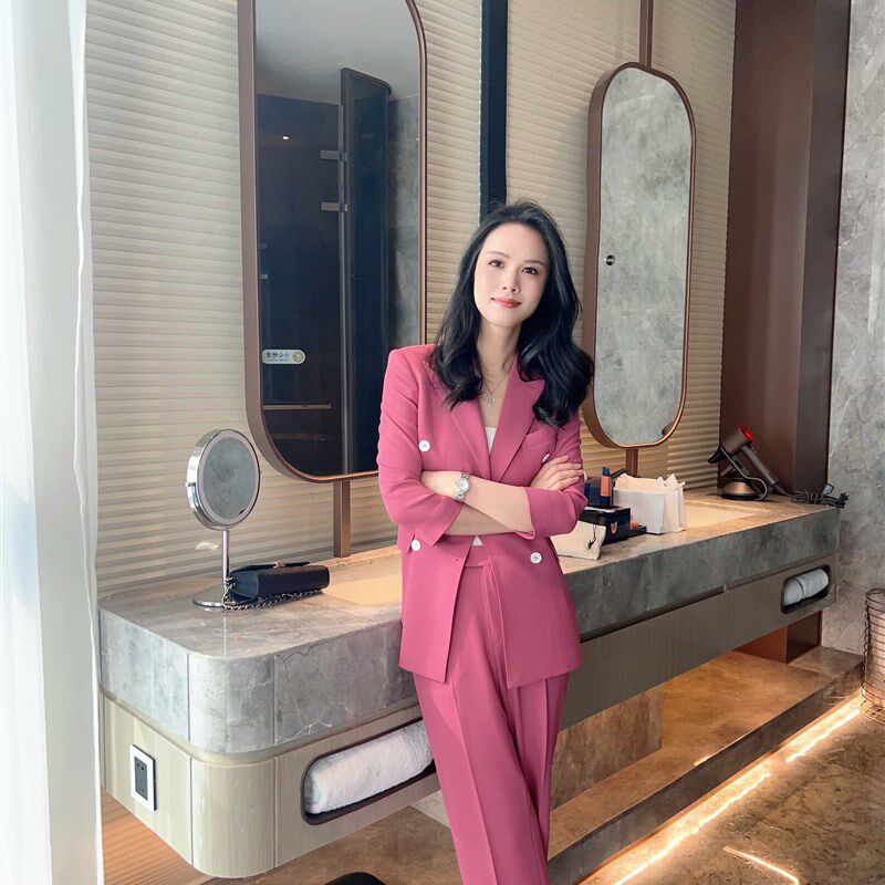 火龙果色珍珠麻夏款七分袖半里衬西装职业女士西服套装直筒裤