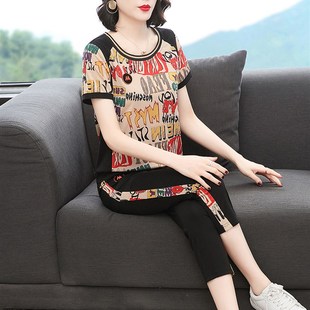 2021新款妈妈套装休闲 时尚中年减龄女夏装洋P气大尺码老妈运