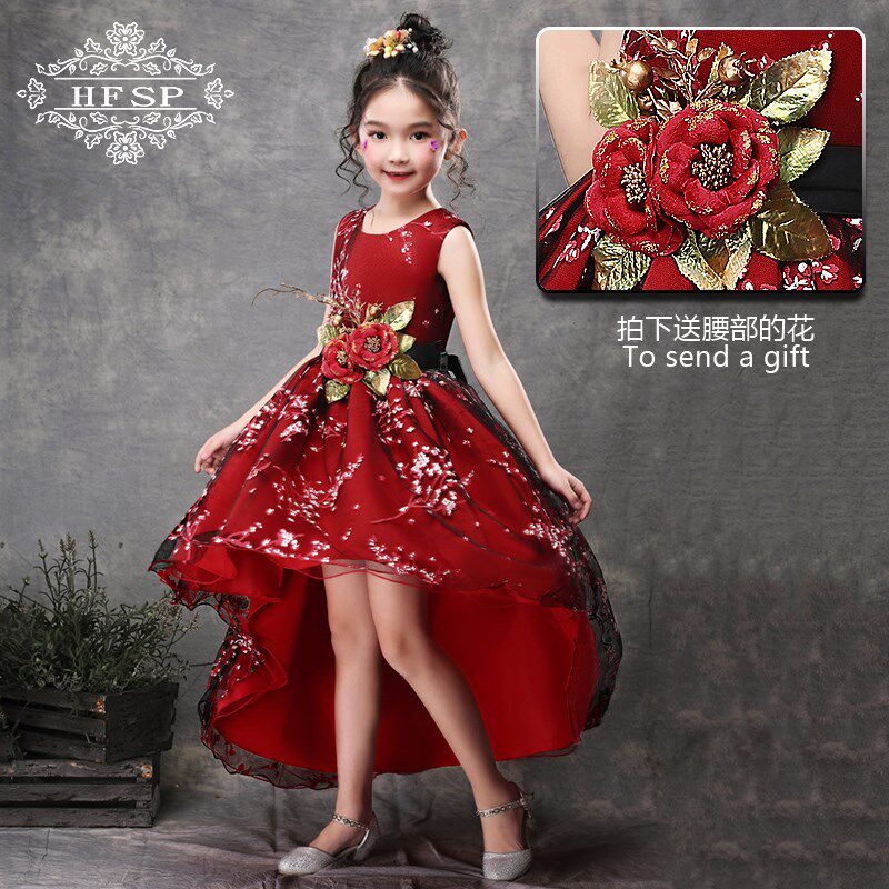 女童拖尾礼服裙儿童走秀演出裙表演裙女童印花连衣裙主持钢琴表演
