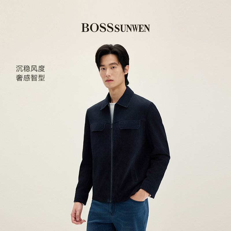 BOSSSUNWEN/博斯·绅威男士商务翻领皮夹克黑色拉链外套简约百搭