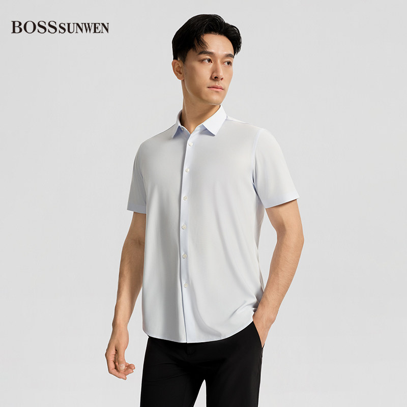 BOSSSUNWEN博斯绅威简约休闲标准版型微弹翻领男士短袖衬衫
