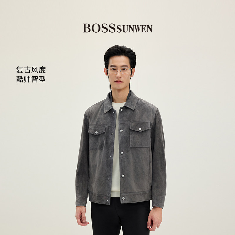 BOSSSUNWEN/博斯·绅威短款翻领皮衣男复古休闲双口袋夹克外套