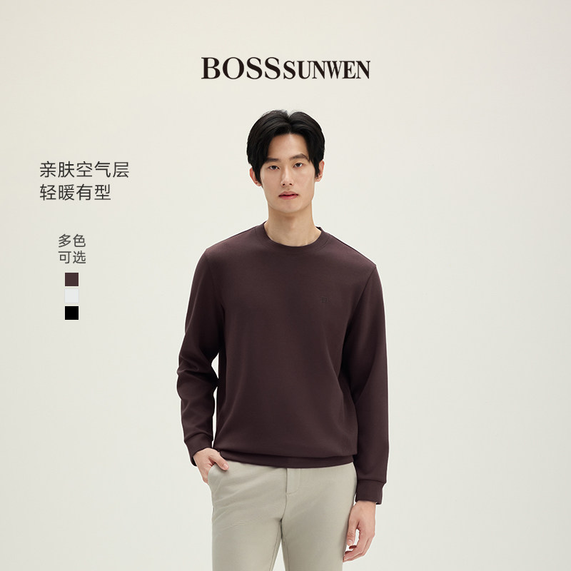 BOSSSUNWEN/博斯·绅威圆领长袖T恤男商务休闲舒适套头卫衣上衣