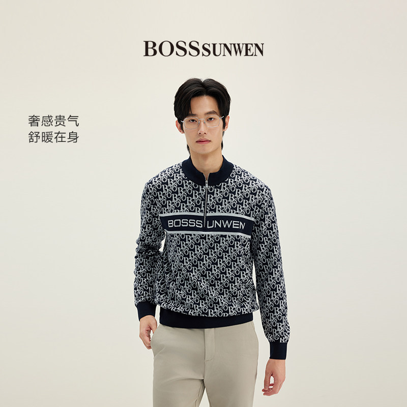 BOSSSUNWEN/博斯·绅威字母提花羊毛针织衫男立领时髦设计感上衣