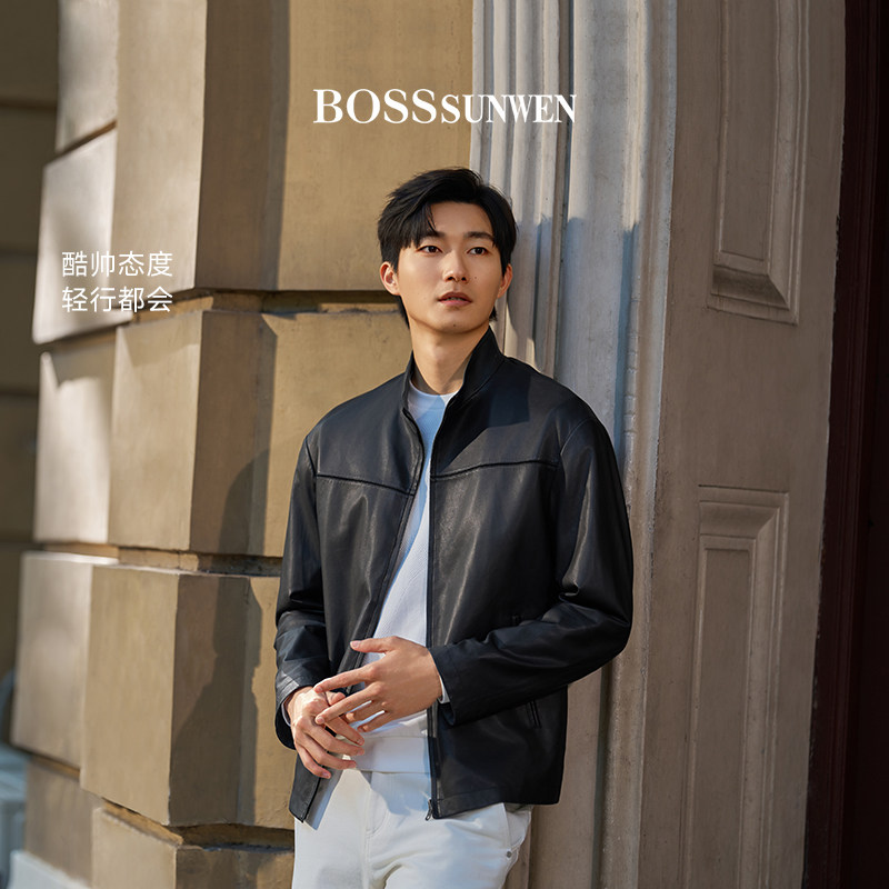 BOSSSUNWEN/博斯·绅威BOSS极简风立领皮衣男黑色短款夹克外套