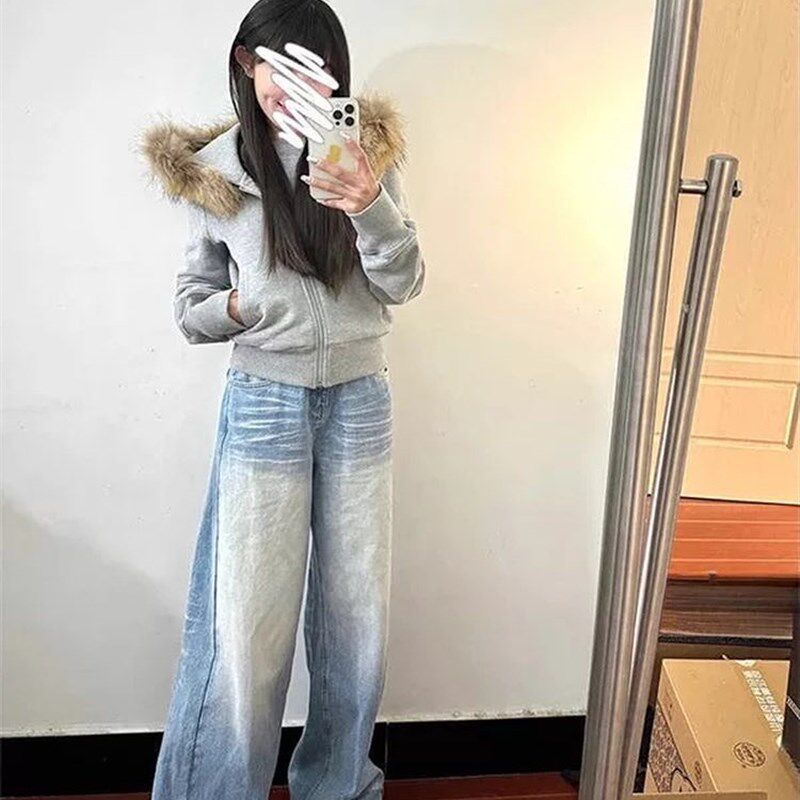大码美式覆古折痕水洗牛仔裤女秋季高腰拖地长裤宽松直筒阔腿裤子