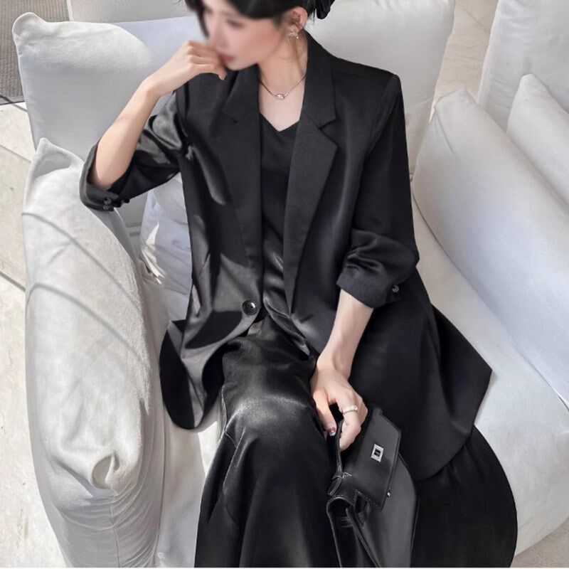 薄款缎面西装吊带裙套装通勤显瘦松紧七分袖西服防晒衫外套200斤