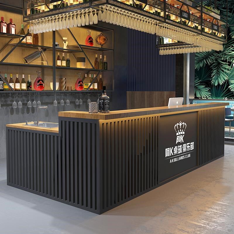 带拐角餐厅双台酒j吧铁艺吧台面前台接待台工业风台球桌球厅收银