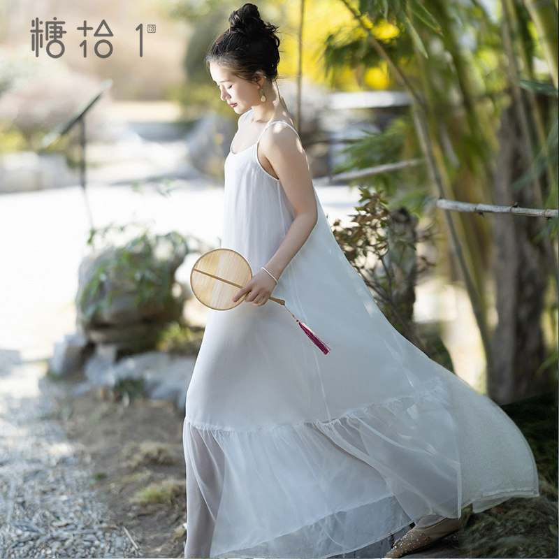 【香云薄纱】夏季雪纺吊带连衣裙女2024新款白色仙气荷叶边长裙子