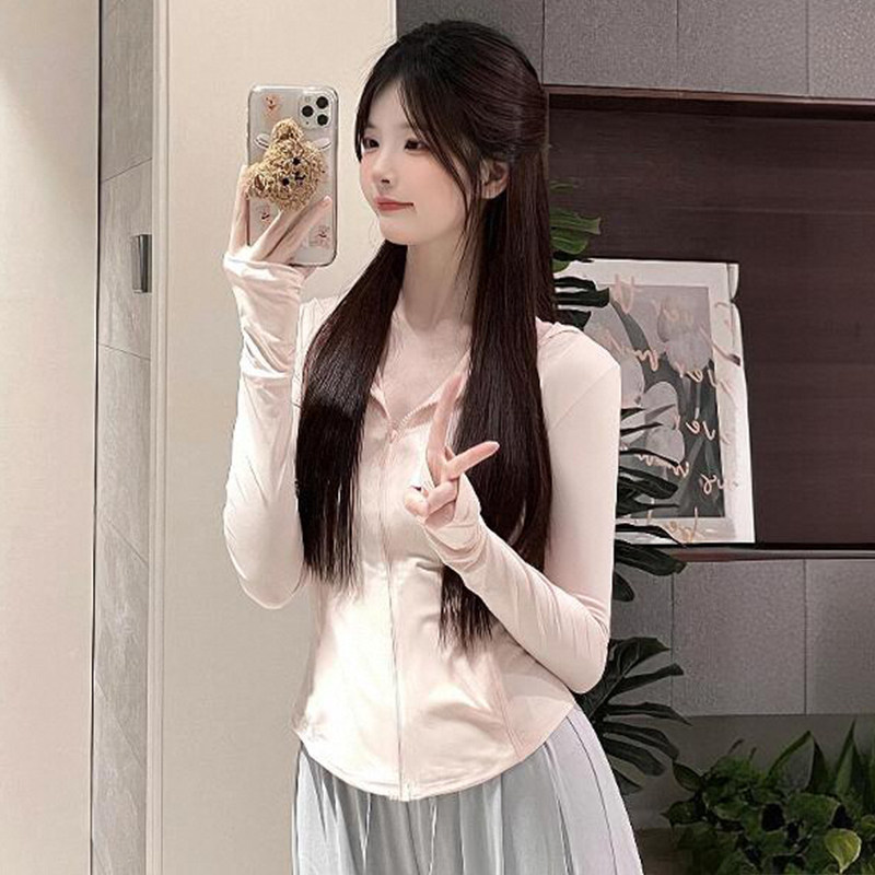 粉色冰丝防晒衣女2024夏季新款套装开衫薄款修身瑜伽外套修身上衣