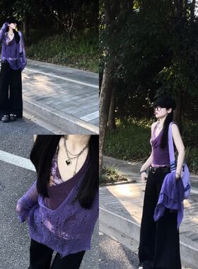 大码胖mm美式辣妹设计感破洞针织衫女夏不规则拼接挂脖背心两件套