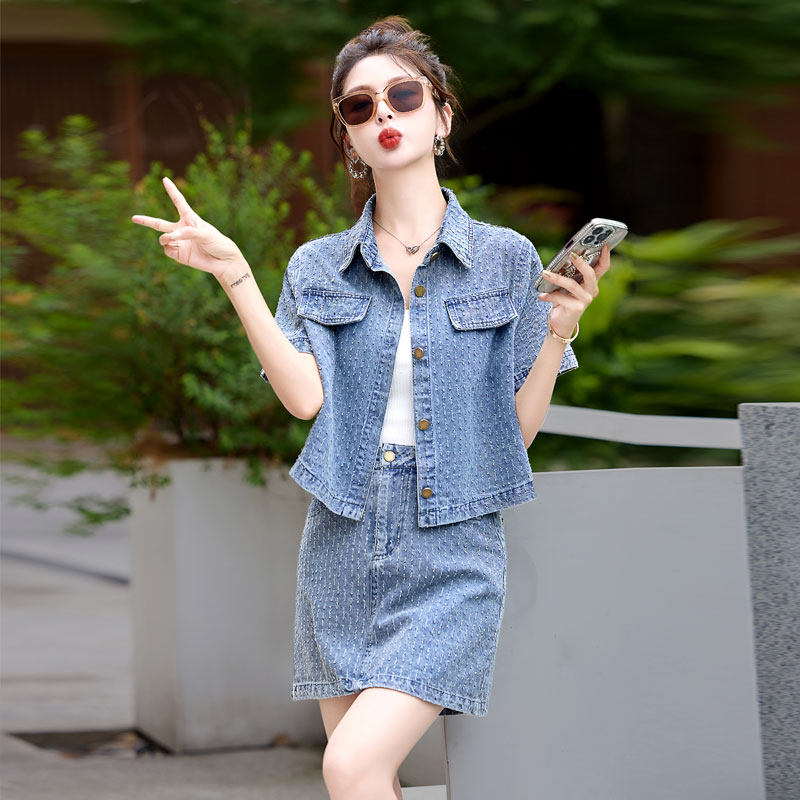夏季薄款牛仔短袖外套高腰半身裙短裙套装裙女夏款2024新款两件套
