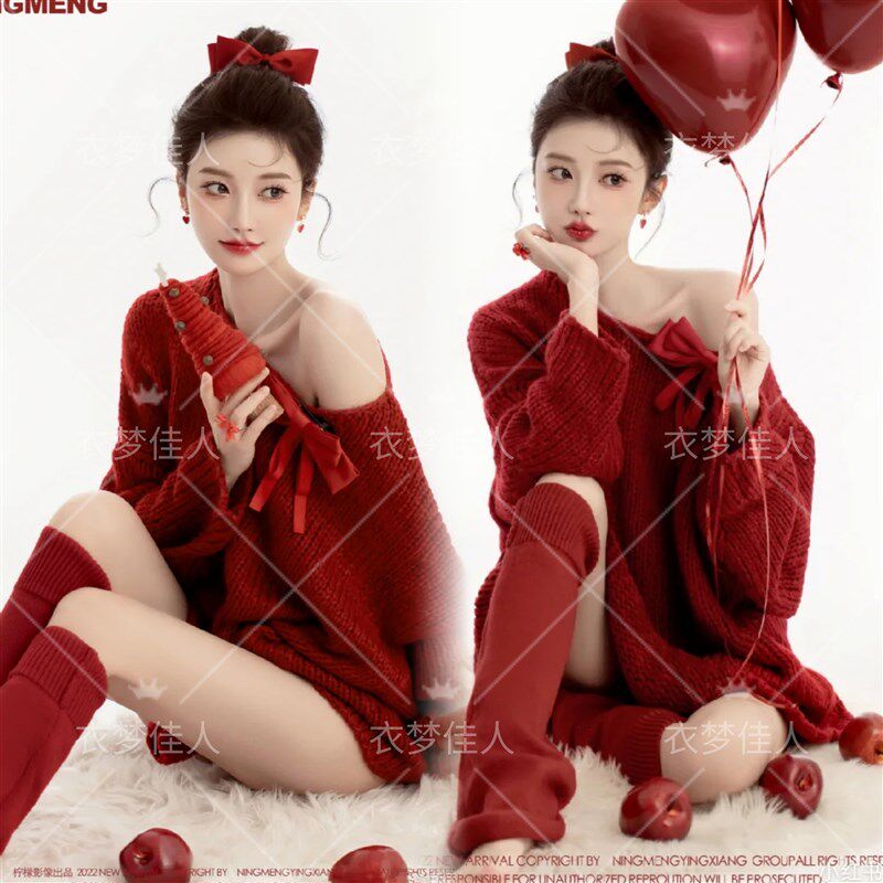影楼秋冬新款新年圣诞写真主题服装红色毛衣个性女孩艺术照摄影服