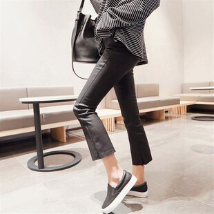 子毛边八分裤 小个子涂层牛仔裤 黑色阔腿裤 微喇叭裤 女2023秋冬皮裤