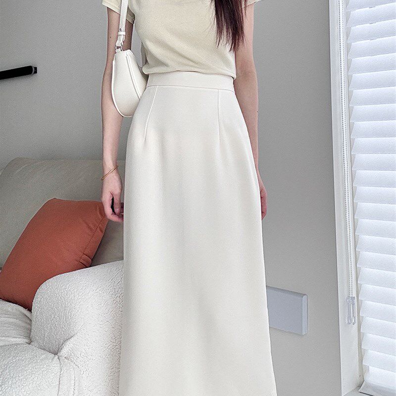 杏色西装半身裙女中长款春夏新款拉链后开叉直筒裙高腰显瘦一步裙