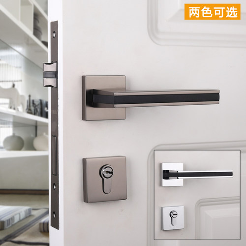 黑色两件式门锁美式室内带皮房门锁卧室简约亮银木门把手静音木门