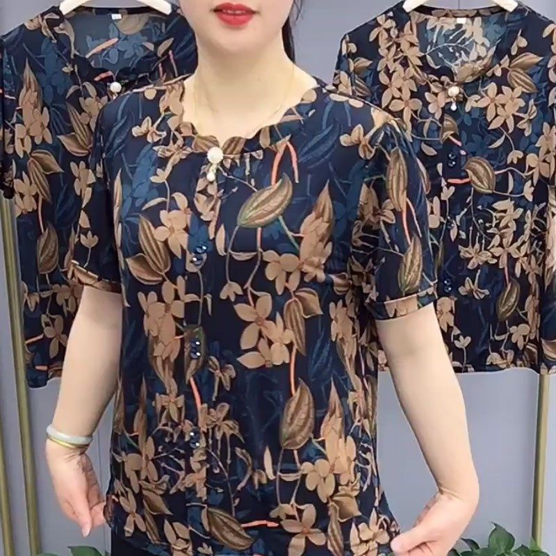 中老年女装妈妈上衣春秋长袖女打底衫大码宽松遮肚子雪纺洋气小衫